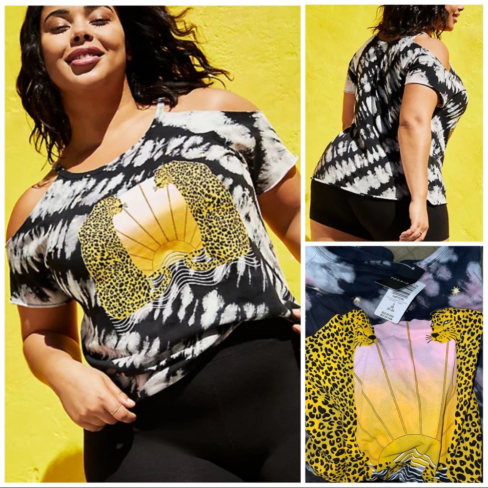 TORRID CHEETAH BLACK TIE-DYE COLD SHOULDER RAW EDGE TEE